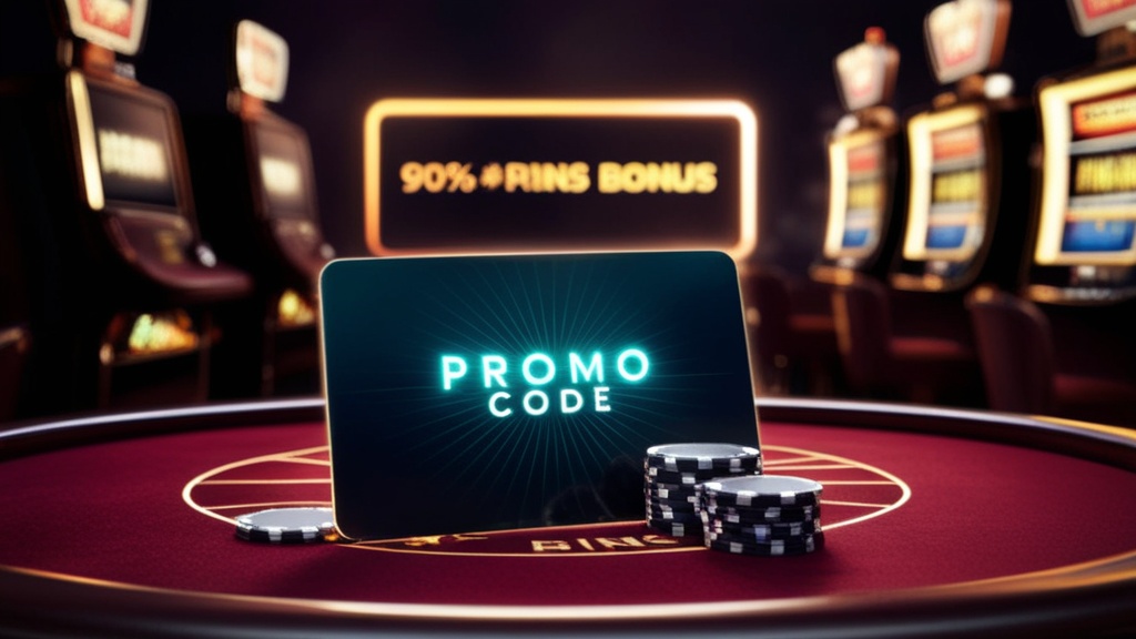Dunkle Casino-Szene mit Bonuscode-Karte und Spielautomaten im Hintergrund