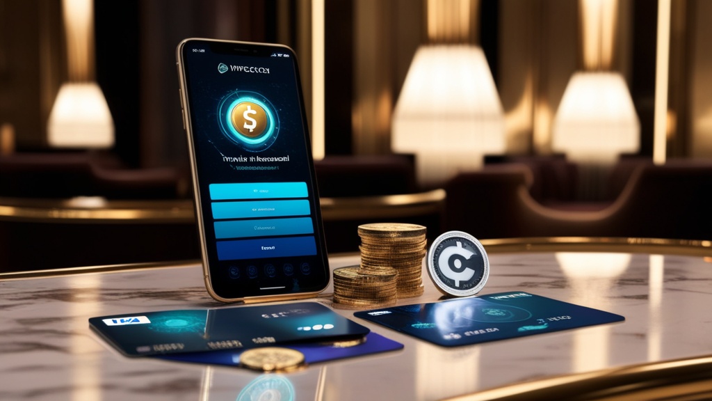 Dunkle Casino-Szene mit Auszahlungsbildschirm, Karte, Wallet und Krypto-Symbolen