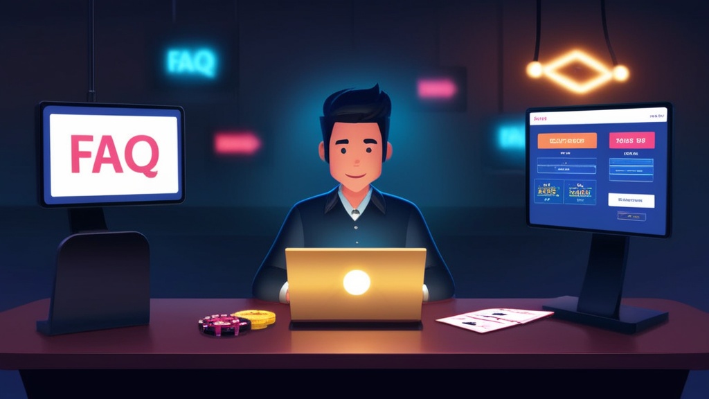 Spieler liest FAQ und Bonusregeln im dunklen Casino