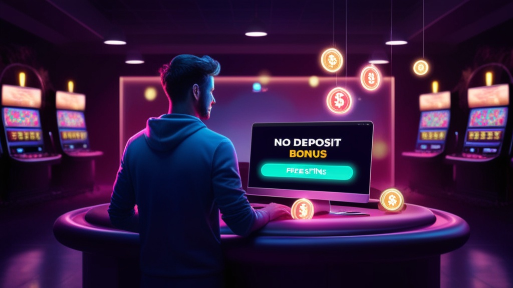 Neuer Spieler vor Bildschirm mit No-Deposit-Bonus und Freispiele-Symbolen